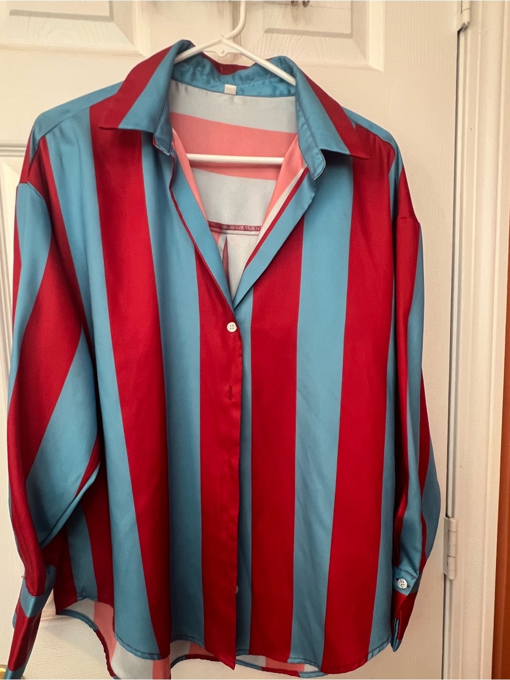 SHEIN Red and Light Blue Vertical Stripe Button-Up Blouse